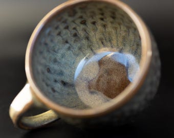 Handmade Ceramic - Hand-Carved Rustic Coffee Mug – Earthy Blue Brown Stoneware Cup