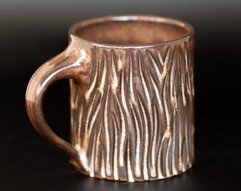 Hand-Carved Textured Ceramic Mug - Earthy Brown Pottery Coffee Cup - Unique Artisan Drinkware
