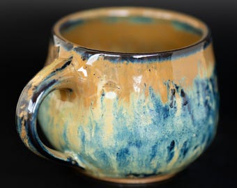 Handmade Ceramic Mug – Yellow Blue Cup Altered with Lava Rock