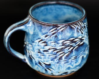 Hand-Carved Ceramic Artisan Mug – Textured Stoneware Coffee Cup, Gift for Coffee Lover
