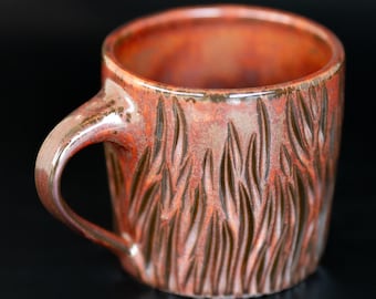 Hand-Carved Textured Ceramic Mug - Fire Pottery Coffee Cup - Unique Artisan Drinkware