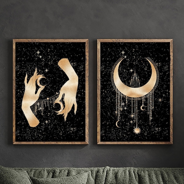 Witchy Wall Decor, Celestial Prints Set of 2, Witchy Hand Decor, Witchy Decor, Sun and Moon Print, Witchcraft Decor, Moon Poster