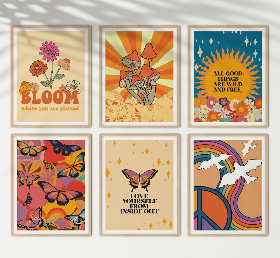 Boho Decor, Vintage Decor, Wall Art Set, 70s Decor, Set of 6 Prints, Retro Printed Home Decor