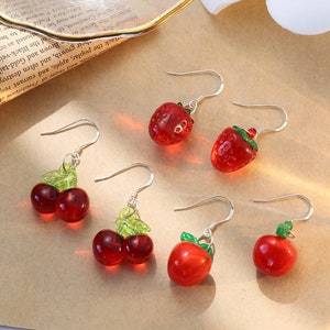 Strawberry Earrings, Women Earrings, Glass Strawberry Drop Earrings, Food Earrings, Fruit Earrings, Gift For Her