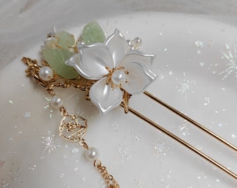 White Camellia Flower Hairpin, Gift, Blue Glazed Wood Hair Stick, Vintage Flower Hairpin, Hanfu Tassel Hair Forks, Wedding Hair Accessories