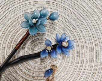 Magnolia Flower Hairpin, Gift, Blue Glazed Wood Hair Stick, Vintage Flower Hairpin, Hanfu Tassel Hair Forks, Wedding Hair Accessories