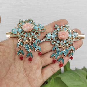 Vintage Flower Hairpin, Cheongsam Flower Hairpin, Gift, Blue Glazed Wood Hair Stick, Hanfu Tassel Hair Forks, Wedding Hair Accessories