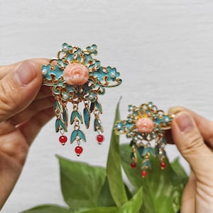 Cheongsam Flower Hairpin, Gift, Blue Glazed Wood Hair Stick, Vintage Flower Hairpin, Hanfu Tassel Hair Forks, Wedding Hair Accessories