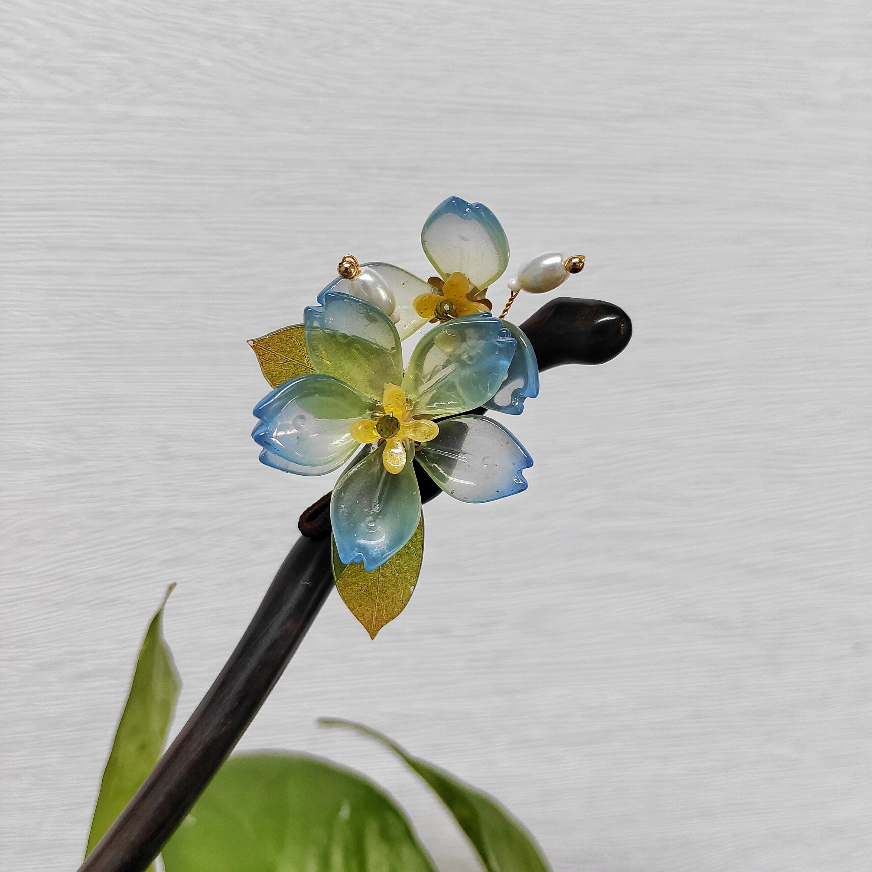 Blaue Chinesische Haarnadel Aus Holz – Retro-Blumen-Haarpin Mit Quaste Für Hochzeit & Party | Vintage Hanfu-Accessoire