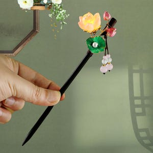 Vintage Lotus Palace Lantern Hairpin,Ancient StyleFlower Pearl Tassel Hairpin,Wedding Hair Accessories,Blue Glazed Wood Hair Stick