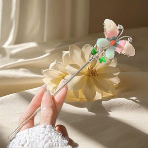 Vintage Flower Hairpin, Pink Flower Hairpin, Gift, Glazed Wood Hair Stick, Hanfu Tassel Hair Forks, Wedding Hair Accessories