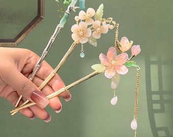 Ancient Style Magnolia Flower Hairpin,Elegant Handmade Pearl Lily Hairpin,Blue Hair Stick,Hanfu Tassel Hair Forks,Wedding Hair Accessories