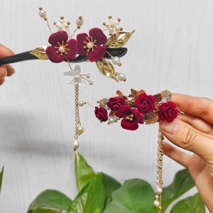 Christmas Gifts, Rose Flower Hairpin, Red Glazed Wood Hair Stick, Vintage Flower Hairpin, Hanfu Tassel Hair Forks, Wedding Hair Accessories