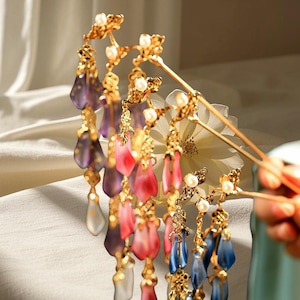 Flower Hairpin, Gift, Glazed Wood Hair Stick, Vintage Flower Hairpin, Hanfu Tassel Hair Forks, Wedding Hair Accessories