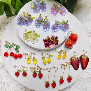 Customized Cards Strawberries Grape Earrings, Fruit Earrings, Women Earrings, Glass Drop Earrings, Food Earrings, Gift For Her