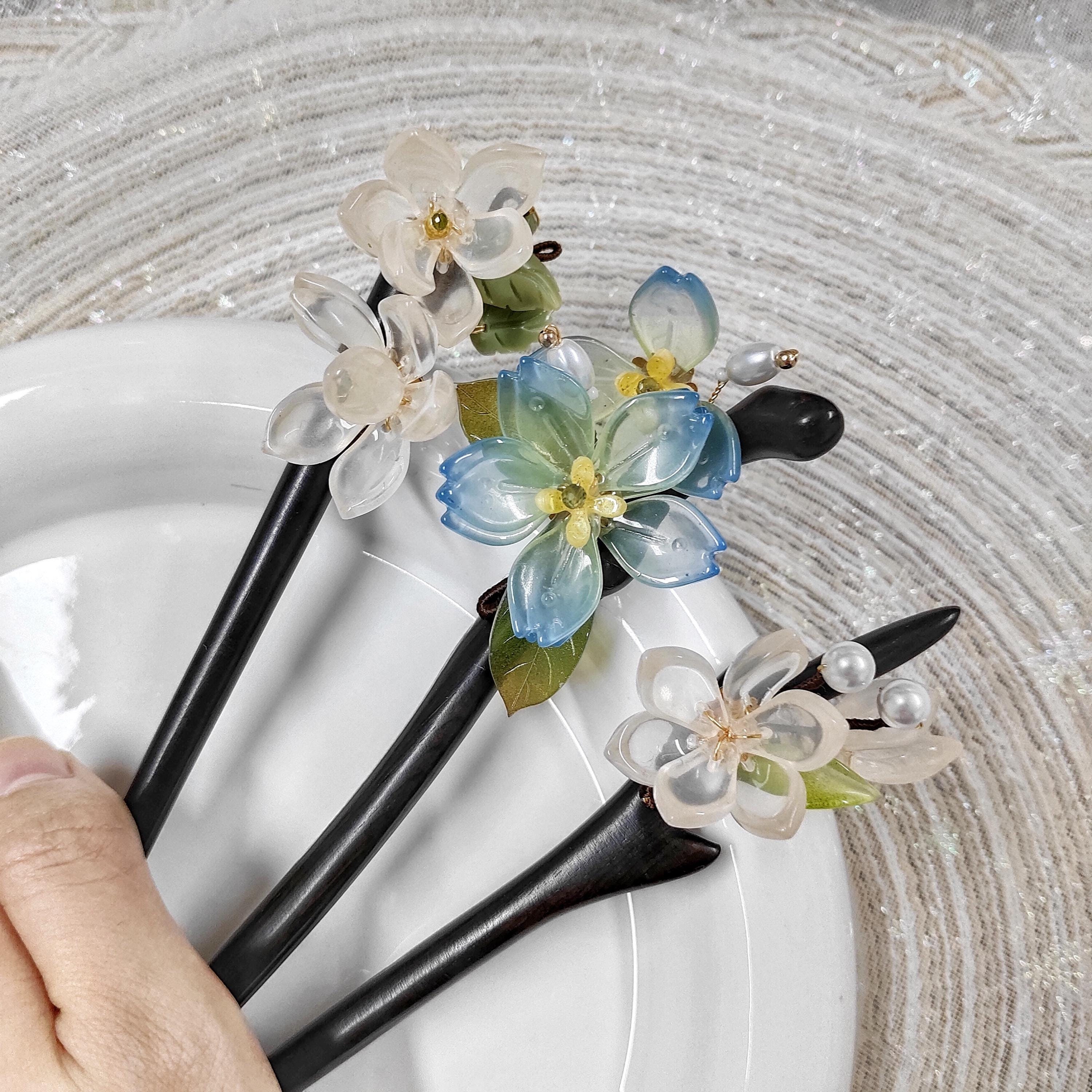 Traditionelle Chinesische Haarnadel Aus Holz – Blau, Mit Blumen-Dekor Und Quaste, Für Hochzeit Oder Hanfu