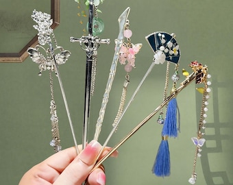 Sword And Hairpin,Blue Hair Stick,Hanfu Tassel Hair Forks,Lily Of The Valley Hairpin,Silver Hair Clip,Wedding Hair Accessories,Gifts