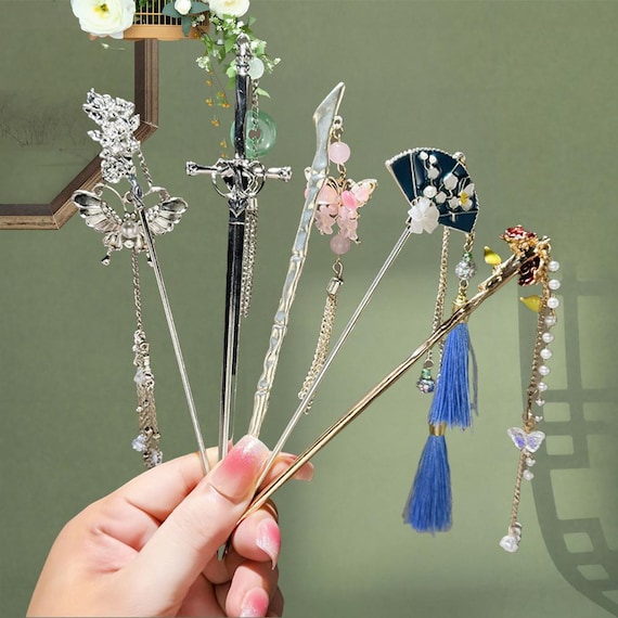 4 Stück Vintage Haarnadeln Mit Schmetterling – Chinesische Quasten, Metall, Für Hanfu & Chignon