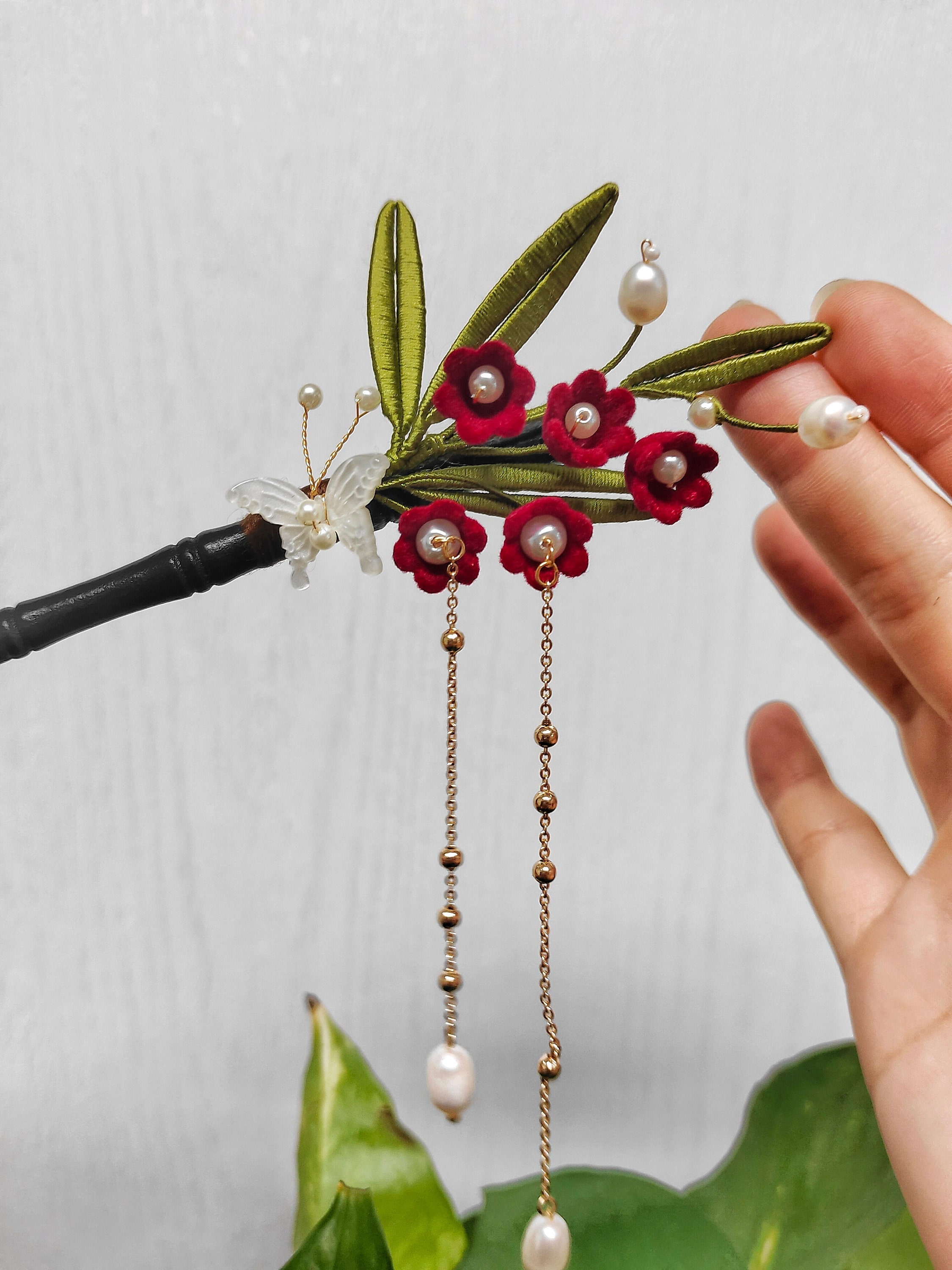 Lily Red Flower Hairpin, Gift, Blue Glazed Wood Hair Stick, Vintage Flower Hairpin, Hanfu Tassel Hair Forks, Wedding Hair Accessories