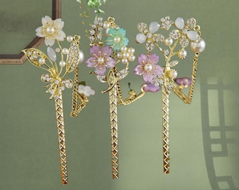 Lily of the valley Brass Hair Pin,Elegant Handmade Pearl Lily Hair Stick,Hanfu Tassel Hair Forks,Wedding Hair Accessories