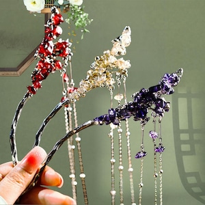 Crystal Tassel Hairpin,Butterfly Flower Hairpin,Blue Hair Stick,Hanfu Tassel Hair Forks,Wedding Hair Accessories,Gift For Her