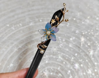 Blue Sandalwood Flower Hairpin, Gift, Blue Glazed Wood Hair Stick, Vintage Flower Hairpin, Hanfu Tassel Hair Forks, Wedding Hair Accessories