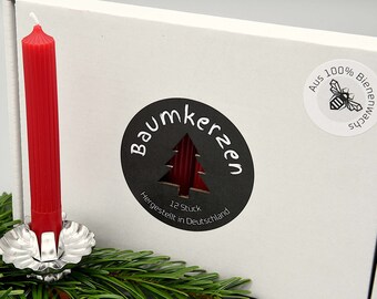 Christmas tree candles made from 100% pure beeswax, 12 colored candles with an elegant ribbed pattern, red, high-quality EU raw materials