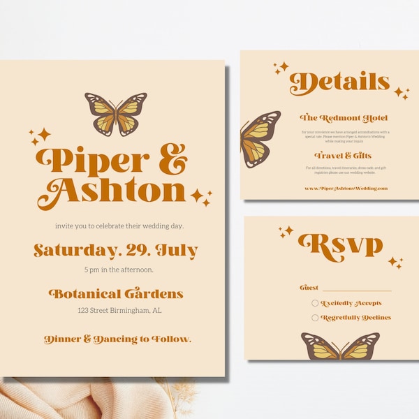 Butterfly Wedding Invitation Template, DIY Editable Invite, Bohemian Wedding, Instant Download, Printable Invitation Monarch Butterfly