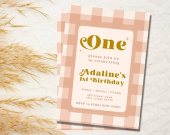 Girl's First Birthday Invitation, Pink Gingham Invitation, Boho Birthday Party Invite, Editable, Printable Template, Canva