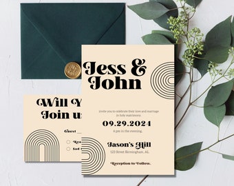 Retro Wedding Invitation Template Set, Typography Retro, Editable Vintage 70s, Mod Invitation Suite, Instant Download