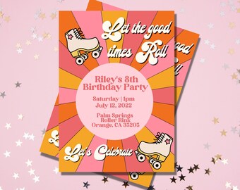 70's Retro Birthday Party Invite Template,  Roller Skates Retro Party, Hippie 70's Birthday, Instant Download, Printable Birthday Template