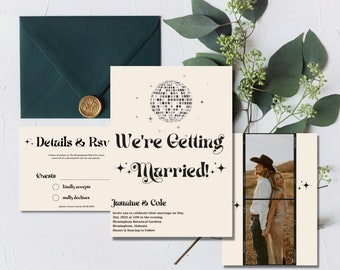 Modello di invito per matrimonio retrò, modello di invito per palla da discoteca, invito tipografico retrò, invito digitale, stampabile, carta RSVP, suite nuziale