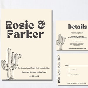 Download do modelo de convite de casamento de cacto, pacote de casamento no deserto, conjunto para impressão de convite de casamento Boho, cartões de casamento DIY, minimalista