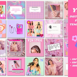 May include: A collection of nine pink and purple Instagram feed templates with images of women, text, and graphics. The text includes "2000's Queen", "Y2K Style", "This is your daily reminder to start dressing like it's 1990", and "Edit Text, Edit Colors, Add Photos".