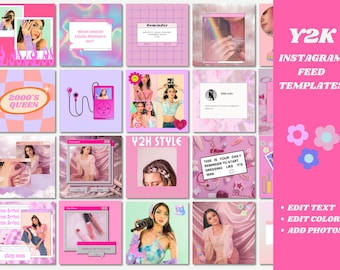 May include: A collection of nine pink and purple Instagram feed templates featuring images of women, text, and graphics. The text includes "2000's Queen", "Y2K Style", "This is your daily reminder to start dressing like it's 1990", and "Edit Text, Edit Colours, Add Photos".