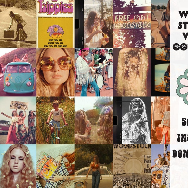 Woodstock 1970s Wall Art Collage, Groovy Wall Arts, Impressions murales des années 70, Hippie Art, Hippy Home Decor, Dorm Wall Art