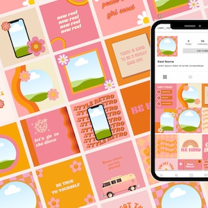 Bright Pink Instagram Templates, Retro Instagram Feed, Social Media, Pink Orange IG, Groovy Colorful Posts, Engagement, Blogger Template