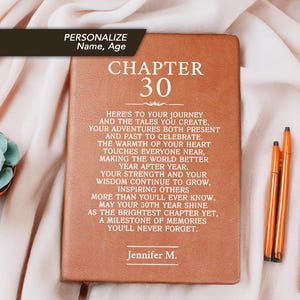 May include: A brown leather journal with the text "Chapter 30" and personalized text. The journal is surrounded by orange pens and a small succulent plant. The journal's text includes a message about journeys and memories.