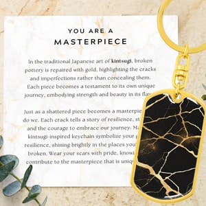 Portachiavi ispirato al Kintsugi, gioielli di incoraggiamento, regalo per nuovi inizi, arte Kintsugi, incisione personalizzata, gioielli potenzianti, regalo di recupero