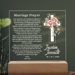Marriage Prayer Printed on Acrylic With Cross and the Couple's Names and Wedding Date, Personalized Gift for Couple Christian Wedding Gift