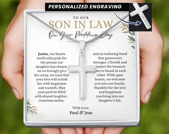 Gift for Son In Law Wedding, Gift for Groom In Laws, To Our Son in Law Gift Wedding Personalized Cross Necklace for Future Son in law Gift