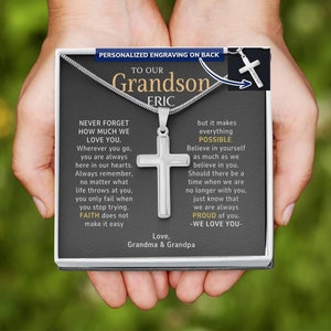 Personalized Gift for Grandson from Grandma Grandpa, Grandson Birthday Gift Ideas Cross Necklace Grandson Christmas Keepsake To Our Grandson
