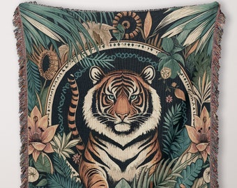 Tiger Woven Throw Blanket Sofa or Bed Throw, Wall Tapestry Decor, Jungle Animal Wall Decor, Gift for Animal Lover, Vintage Boho Tiger Throw