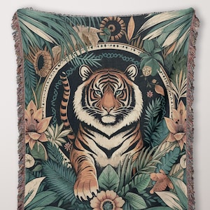 Tiger Woven Throw Blanket Sofa or Bed Throw, Wall Tapestry Decor, Jungle Animal Wall Decor, Gift for Animal Lover, Vintage Boho Tiger Throw