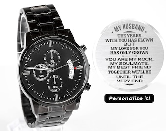 Presentes de aniversário para o marido, presente da esposa para o marido, relógio gravado para ele, relógio masculino gravado, presentes de aniversário de casamento para homens