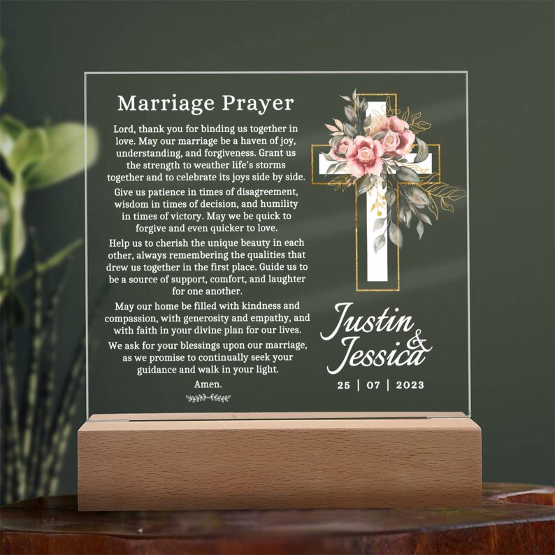 Marriage Prayer Printed on Acrylic With Cross and the Couple's Names and Wedding Date, Personalized Gift for Couple Christian Wedding Gift