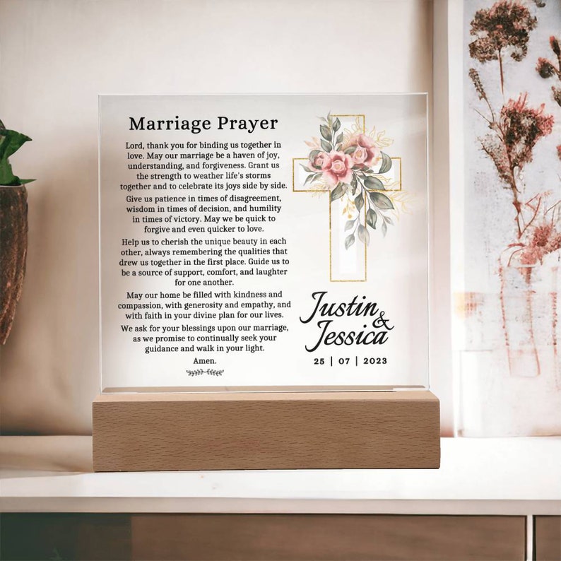 Marriage Prayer Printed on Acrylic With Cross and the Couple's Names and Wedding Date, Personalized Gift for Couple Christian Wedding Gift