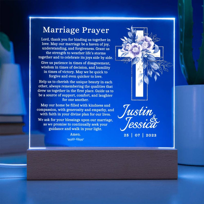 Marriage Prayer, Christian Wedding Gift, Wedding Marriage Gift Son and Daughter In Law, Personalized Wedding Gift Religious Christian Couple Acrylic Square with LED Base