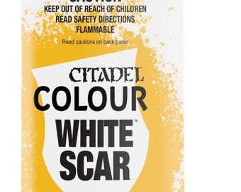 May include: Citadel Colour White Scar spray paint can. The can is white with yellow accents and features the text "CAUTION" and "FLAMMABLE". It contains 400ml of paint and weighs 270g.