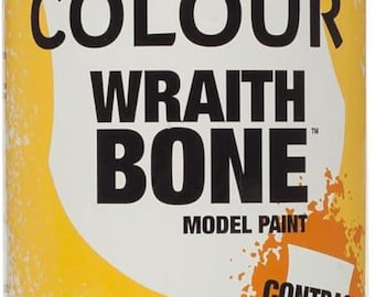 May include: Citadel Colour Wraith Bone model paint in a spray can. The can is white with yellow and orange accents, and features the product name and hazard warnings. Net contents: 10.3 oz.